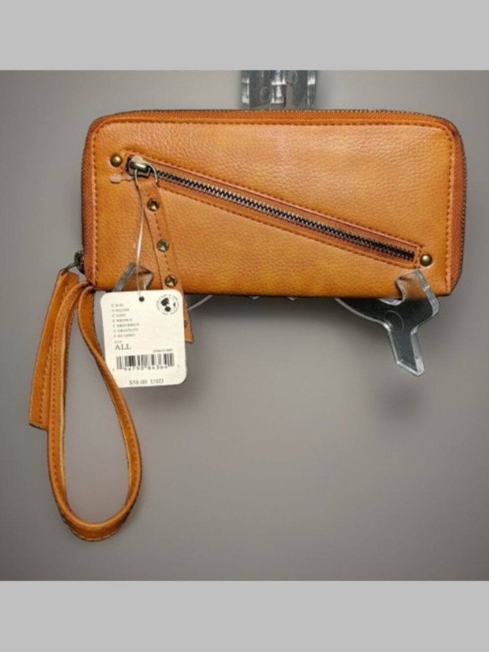Free People Brown Distressed Vegan Leather Faux Zipper Front Wallet Wristlet NWT